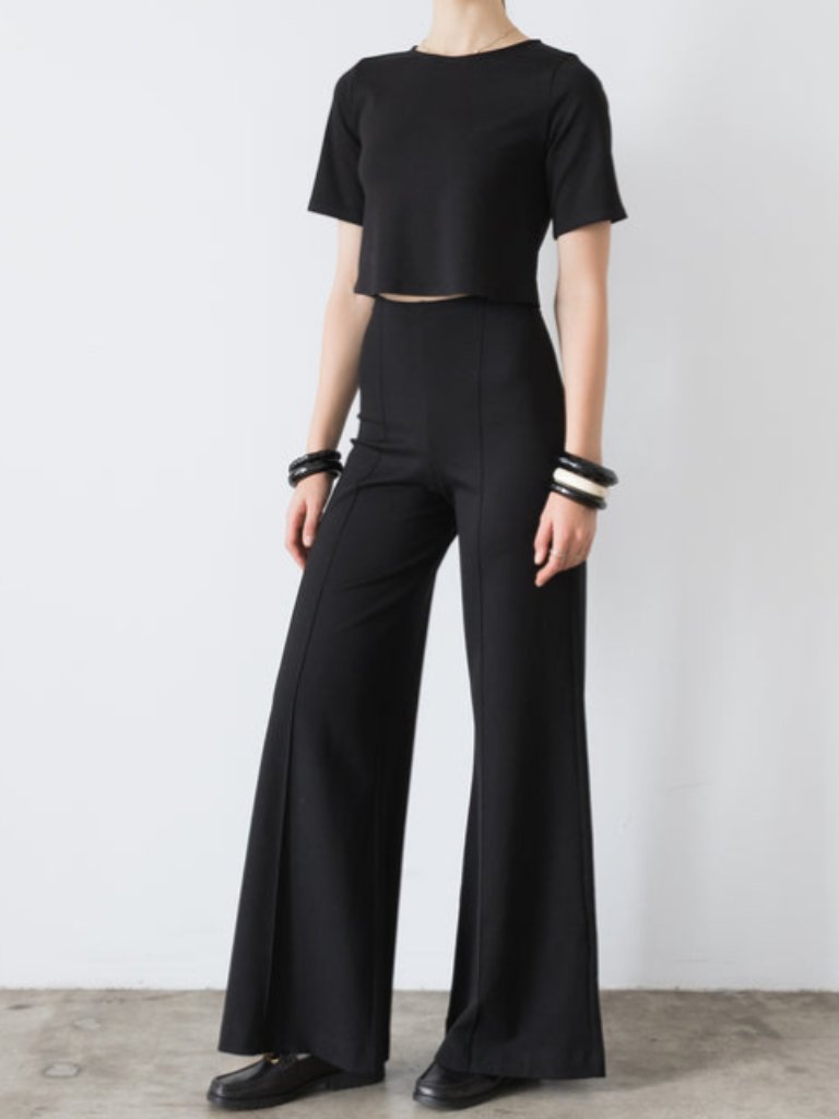 Black Ponte Knit Long Wide Leg Pant